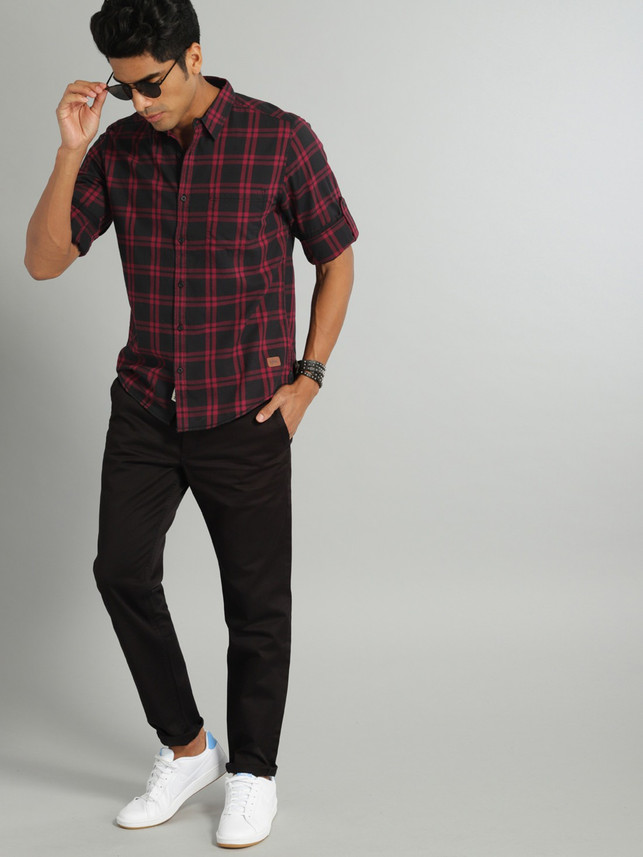 ROADSTER Men Checkered Casual Maroon 