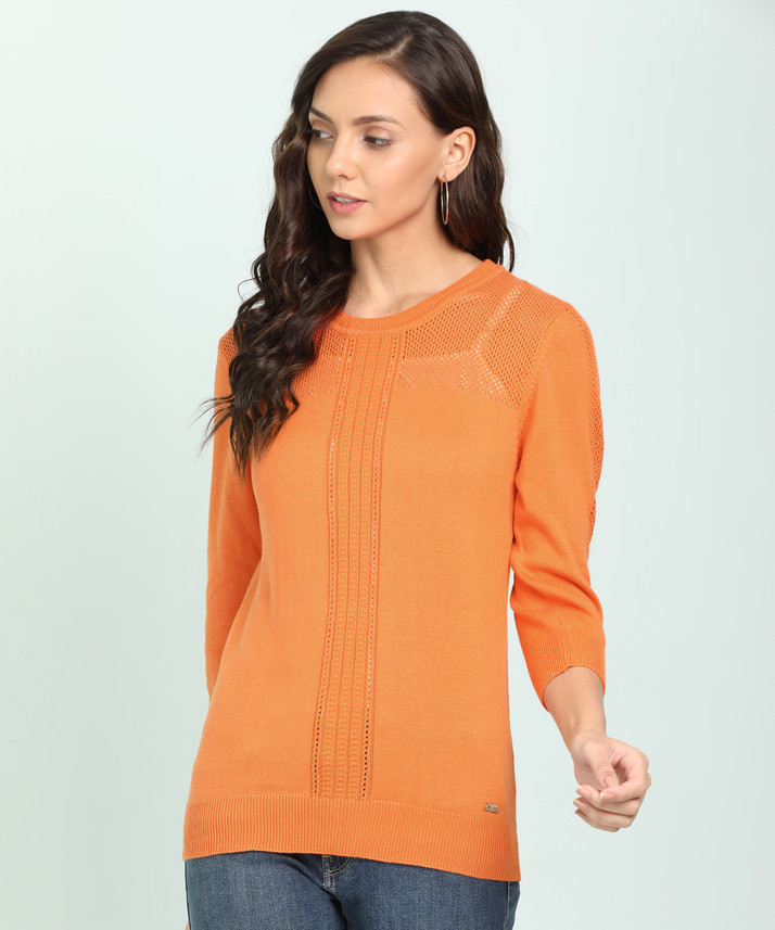 Round Neck Casual Women Orange Sweater 