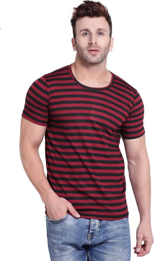 pic Red And Black Striped T Shirt Mens weft striped men round neck red black t shirt