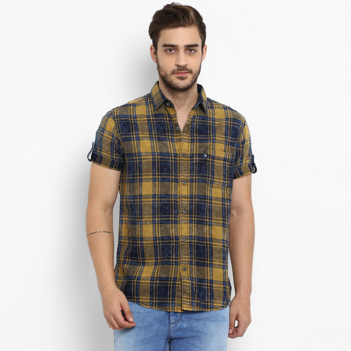 mufti mustard yellow checked casual shirt