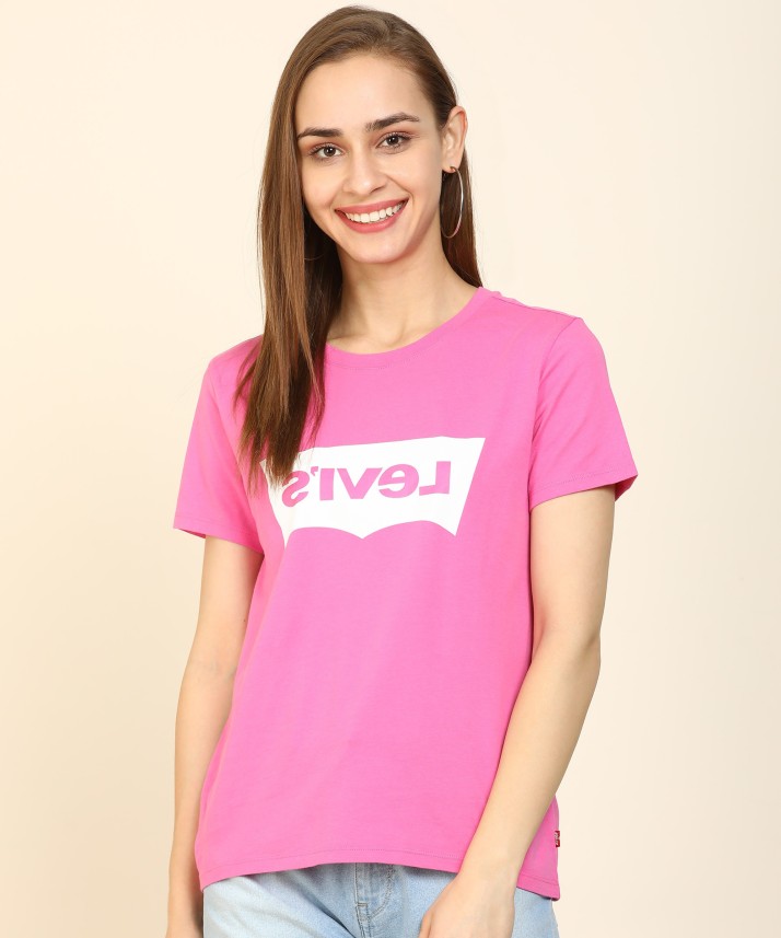 Printed Women Round Neck Pink T-Shirt 
