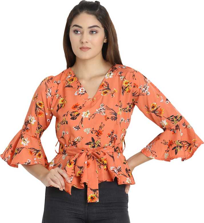 Aahana Collection Casual Flute Sleeve Floral Print Women Orange