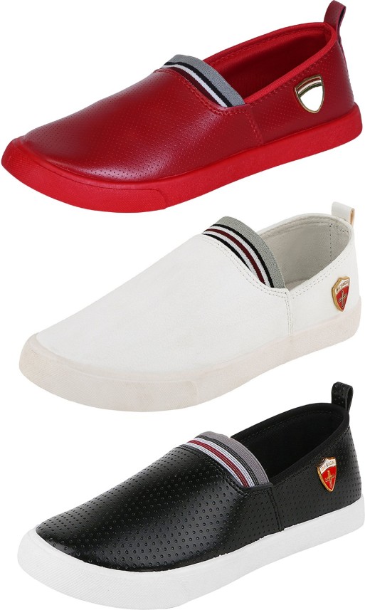 red and white loafers