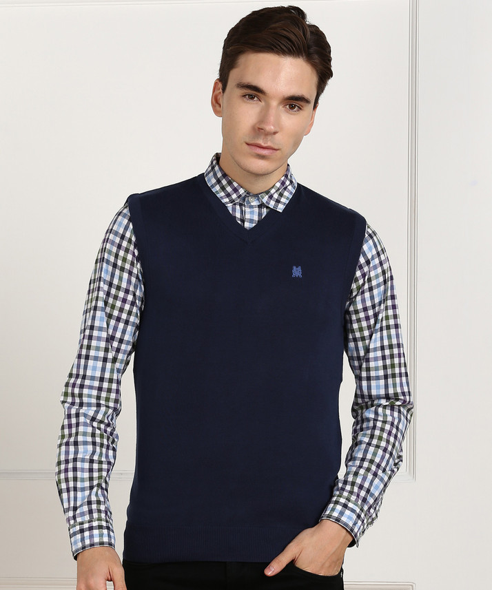 V Neck Casual Men Dark Blue Sweater 