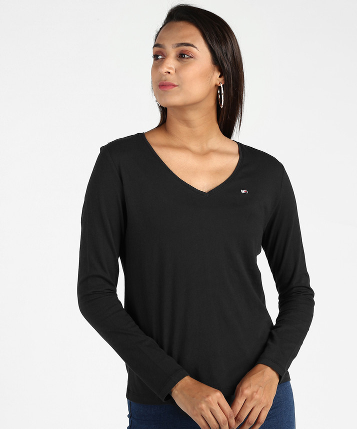 TOMMY HILFIGER Solid Women V Neck Black 