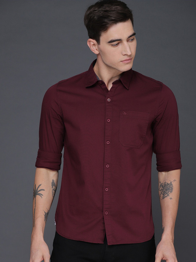 WROGN Men Solid Casual Maroon Shirt 