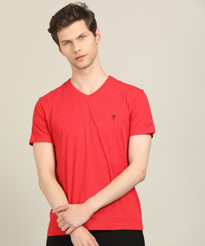 VAN HEUSEN Solid Men V Neck Red T-Shirt 
