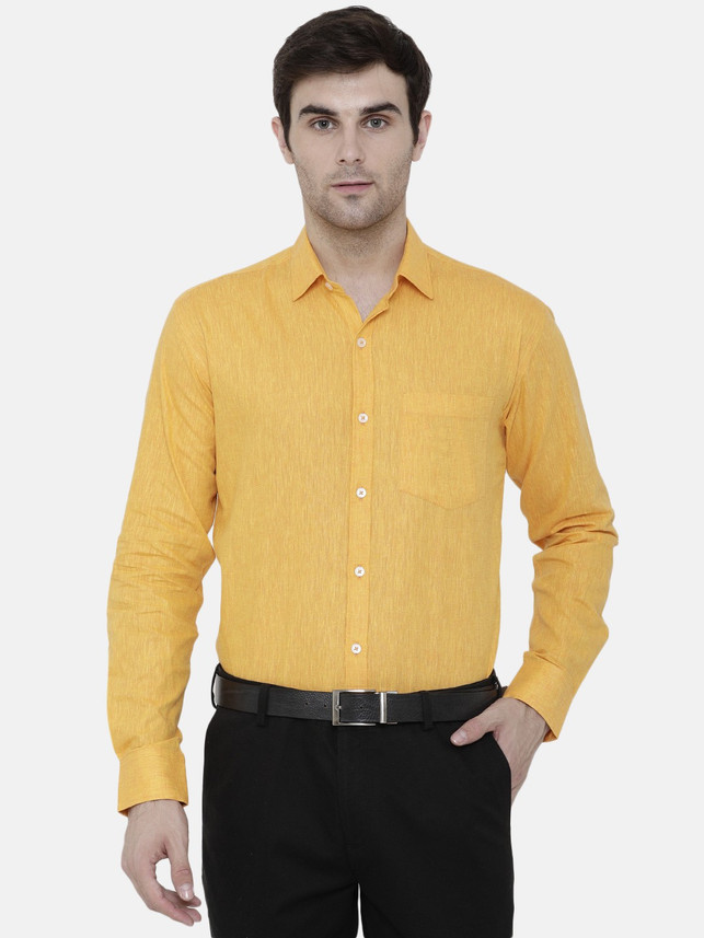 Men Self Design Formal Yellow Shirt 