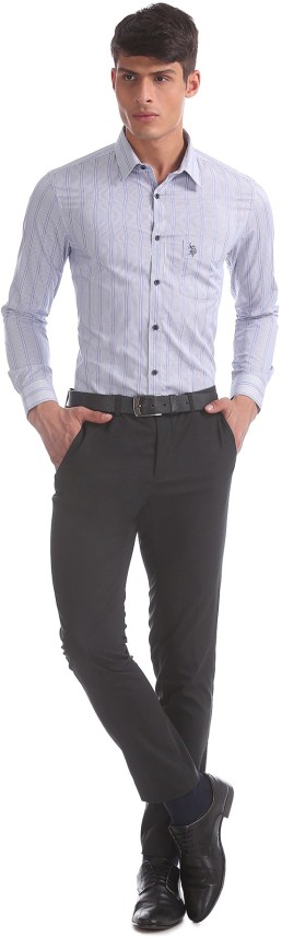 suit trousers and polo shirt