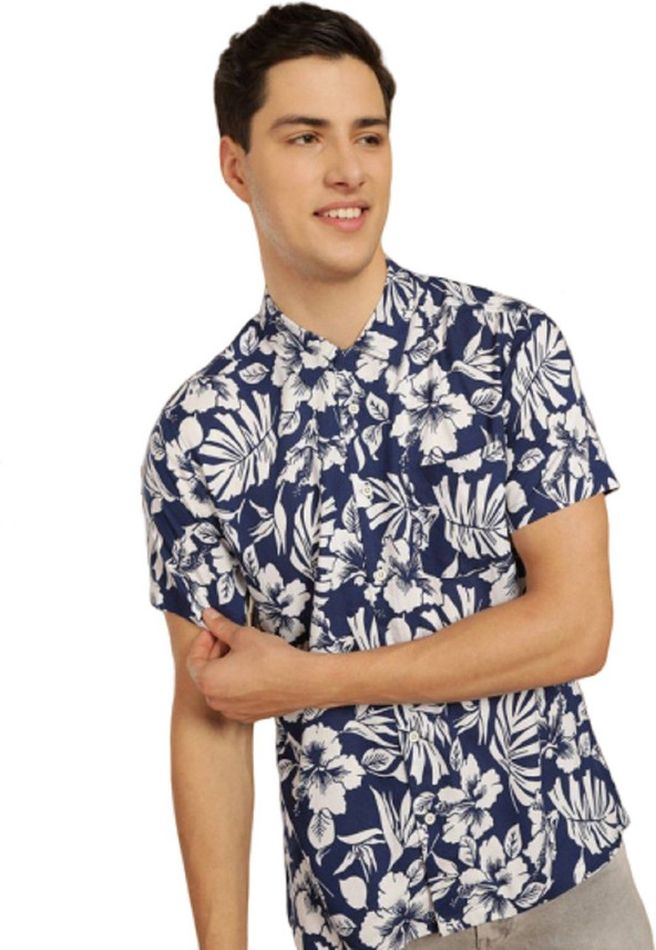 Men Floral Print Casual Blue Shirt 
