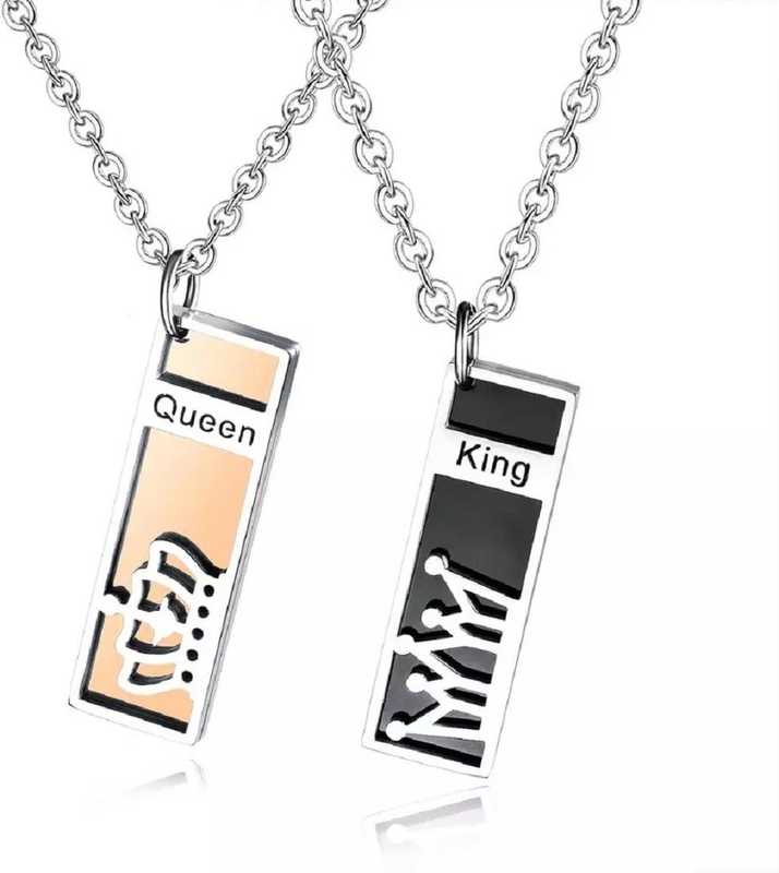 Impression Stylish King Queen Locket For Lover Friends And Couple Gift For New Year Pendant Necklace With Chain Black And Gold Set 2 Titanium Stainless Steel Pendant Set Price In India