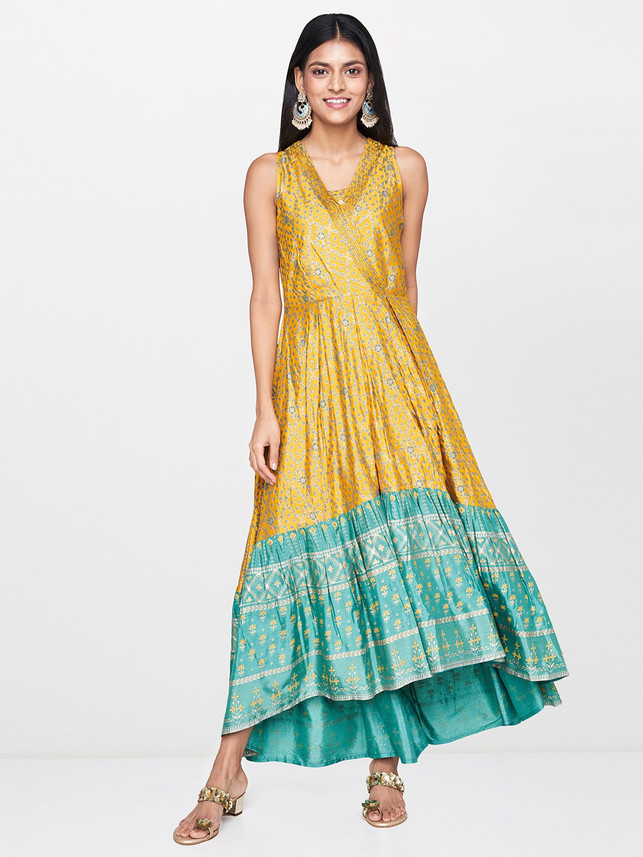 GLOBAL DESI Women Fit and Flare Yellow 