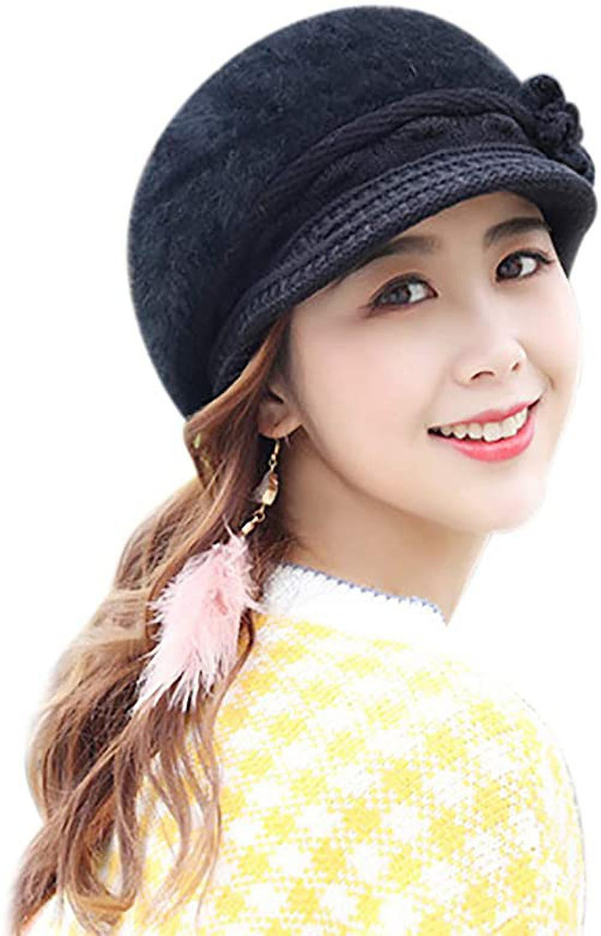 Women Winter Woolen Black Fur Hat Cap 