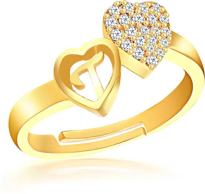 Divastri Jewellery Stylish Heart Golden Name Alphabet Letter Initial T Rings For Girls Women Girlfriend Men Boys Couple American Diamond Adjustable Valentine Gifts Love Ring Stone Copper Brass Crystal Diamond Cubic Zirconia