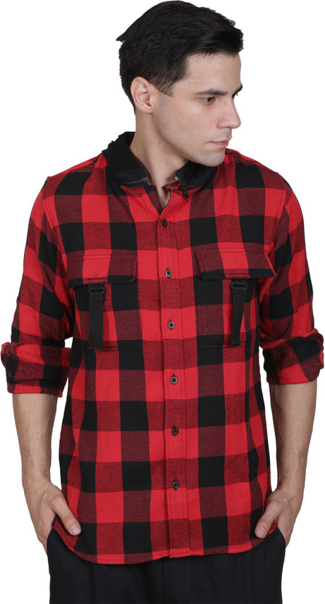 Black Men Checkered Casual Red Shirt 