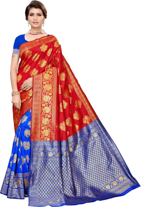 red and blue combination banarasi saree