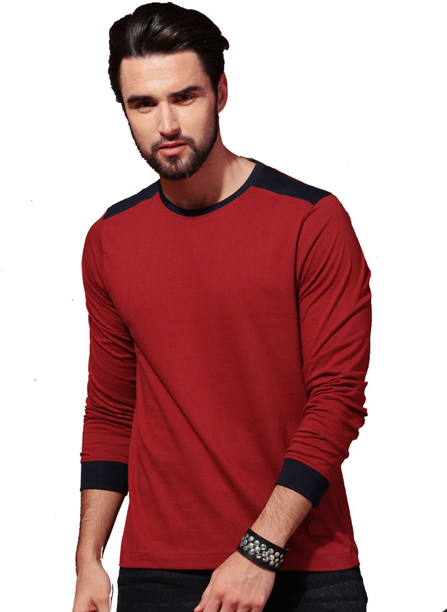 Color Block Men Round Neck Maroon 