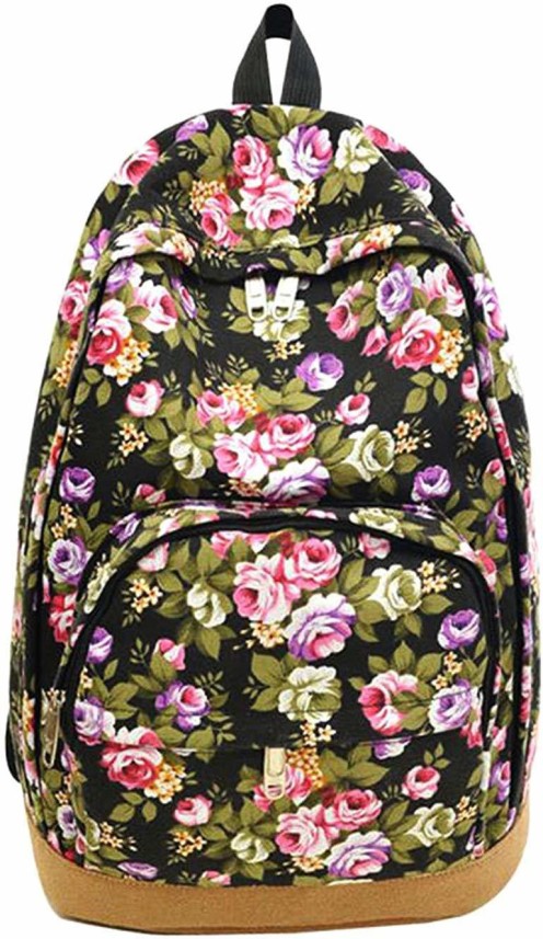 black backpack with flowers