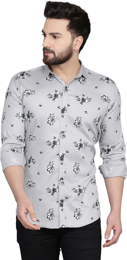 Menkovy Men Printed Casual Grey Shirt 