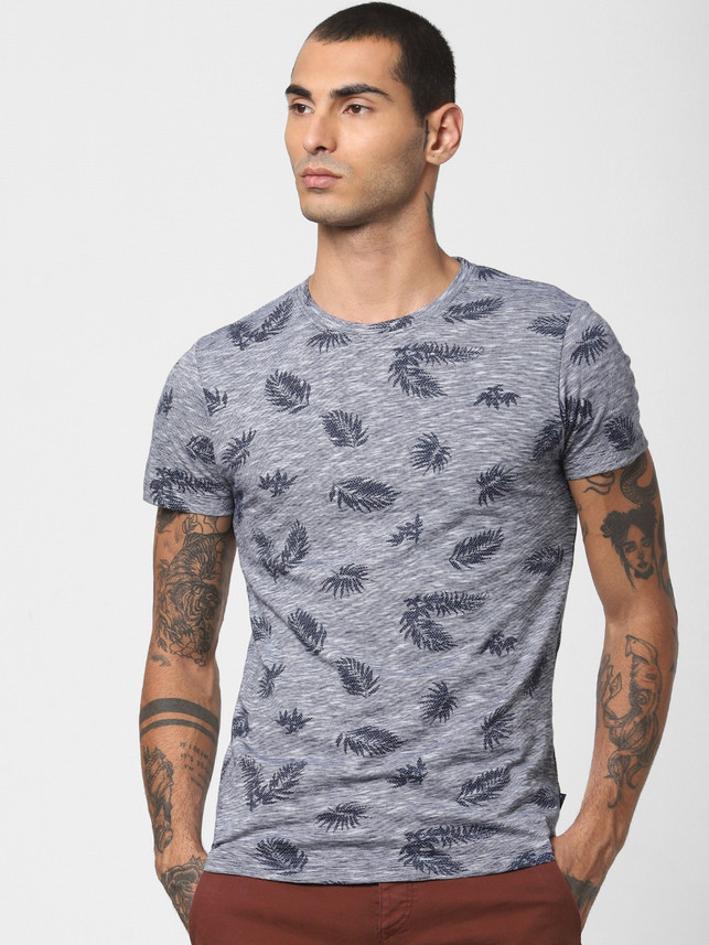 JONES Floral Print Men Round Neck Blue 