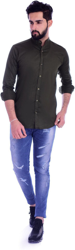 dark green shirt with black jeans