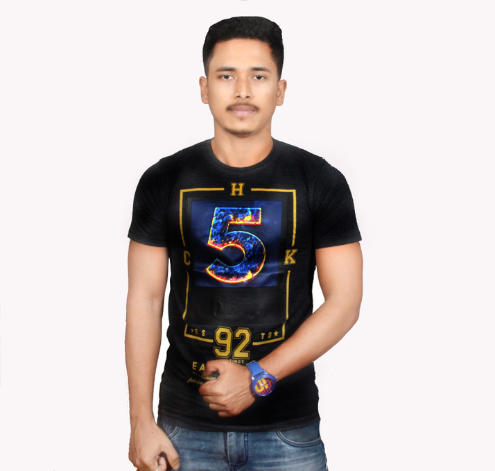 Men Round Neck Black T-Shirt 