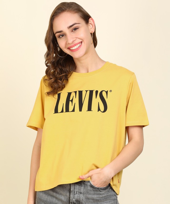 Printed Women Round Neck Yellow T-Shirt 