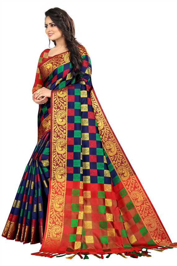 Buy Kuvarbafashion Woven Checkered Kanjivaram Jacquard Cotton Silk Blue Sarees Online Best Price In India Flipkart Com