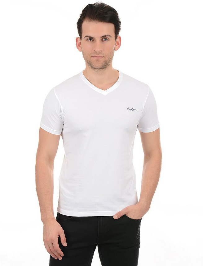 Pepe Jeans Solid Men V Neck White T 