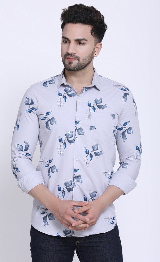 Men Floral Print Party Blue Shirt 