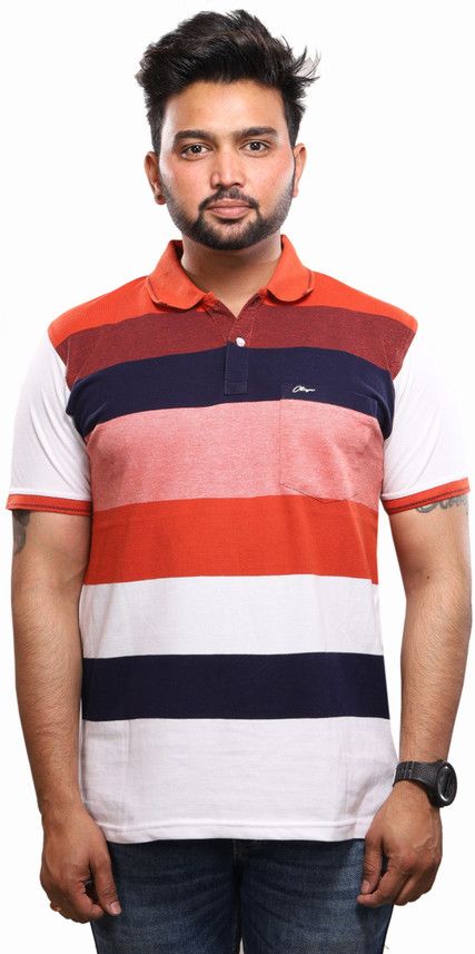 Buy Otaya Striped Men Polo Neck Orange 