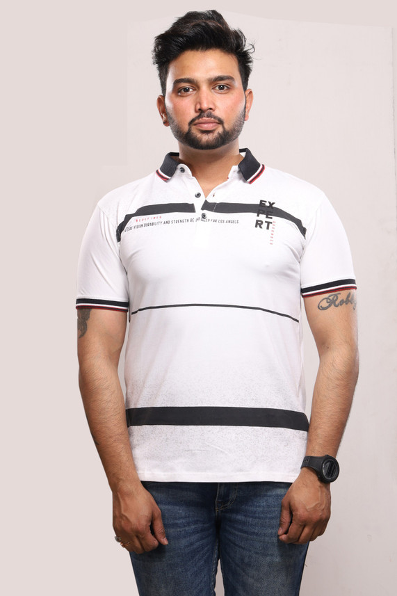Buy Otaya Striped Men Polo Neck White T 