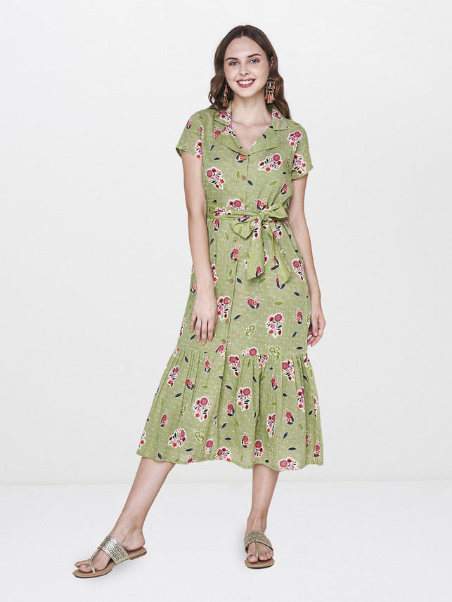 GLOBAL DESI Women A-line Green Dress 