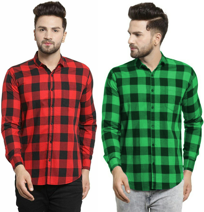 REHAN Men Checkered Casual Red, Green 