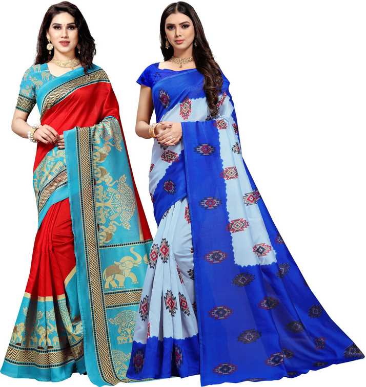 Buy Anand Printed Daily Wear Silk Blend Multicolor Sarees Online Best Price In India Flipkart Com Green kanjeevaram handloom bridal silk saree.