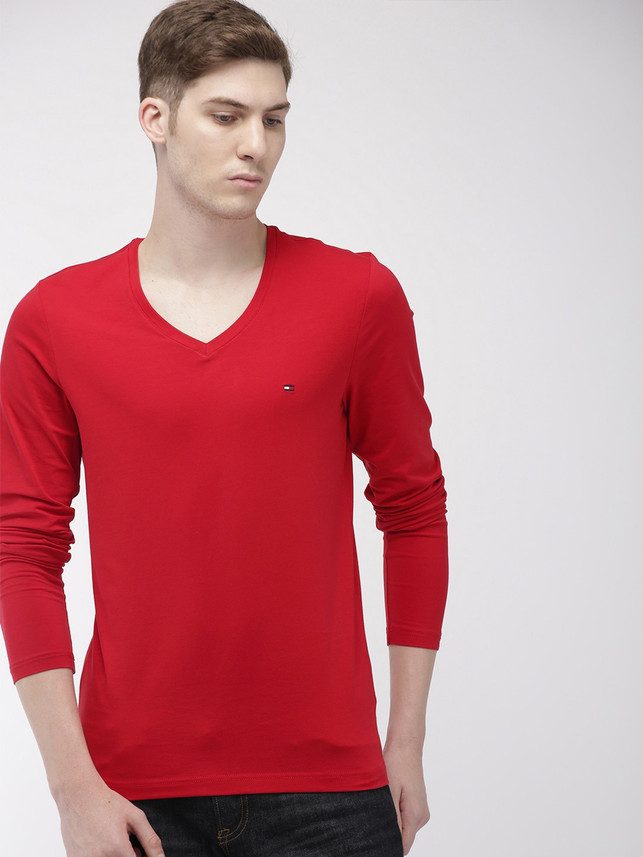TOMMY HILFIGER Solid Men V Neck Red T 