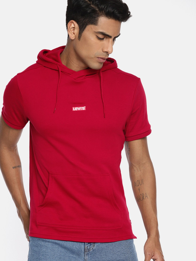 Solid Men Hooded Neck Red T-Shirt 