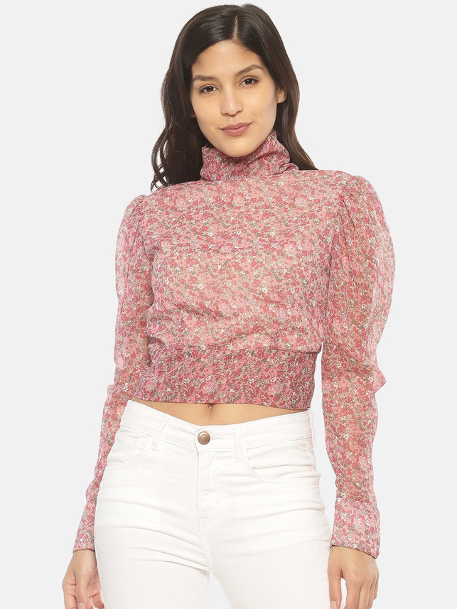 Sleeve Floral Print Women Pink Top 