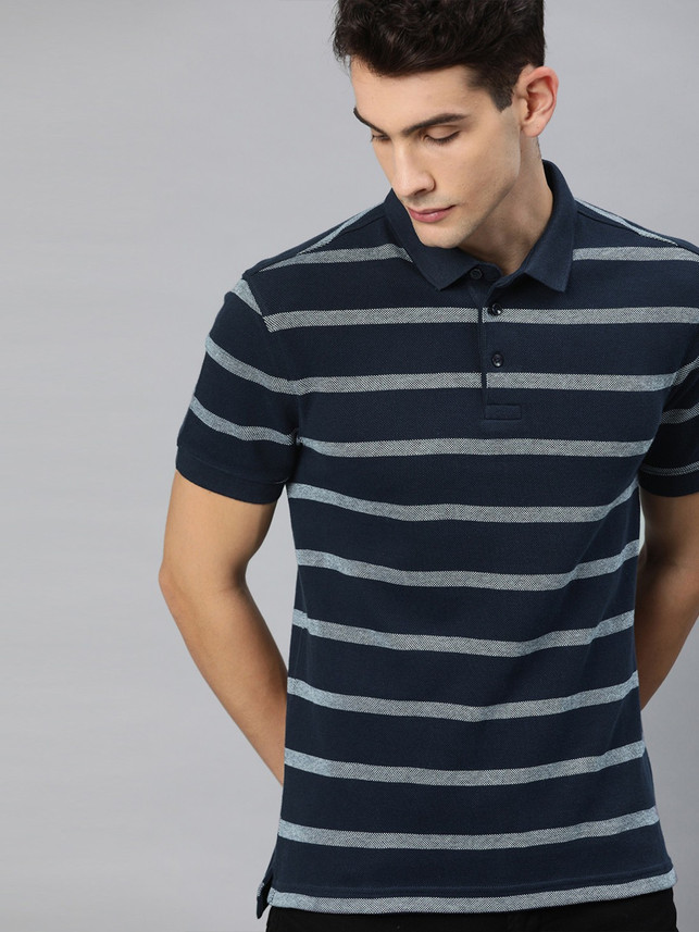 Striped Men Polo Neck Blue T-Shirt 
