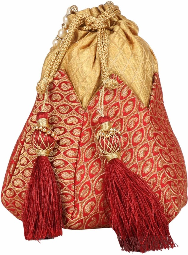 Indian Ethnic Designer Embroidered Silk Potli Bag Batwa Pearls Handle Purse Clutch Purse for Women