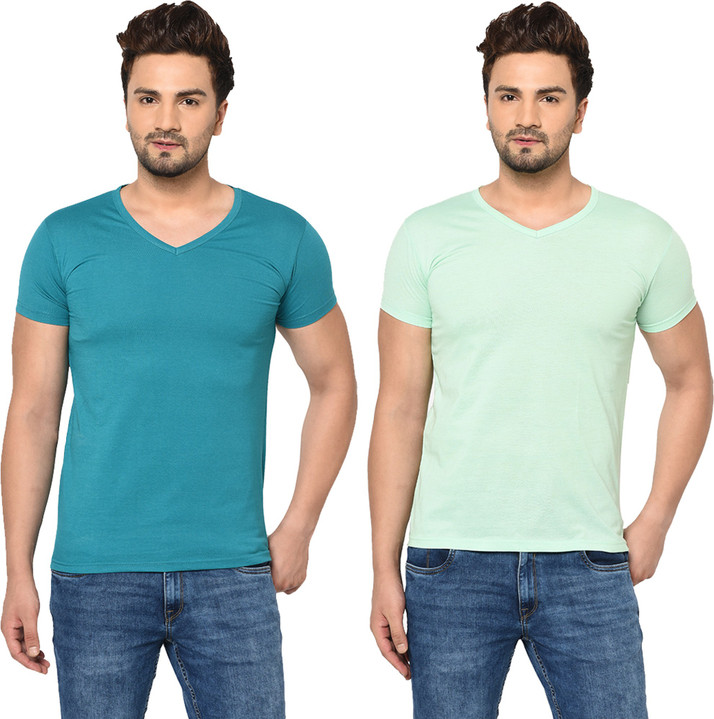 PARVFIT Solid Men V Neck Light Blue 