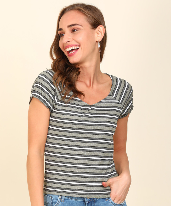 Striped Women V Neck Multicolor T-Shirt 