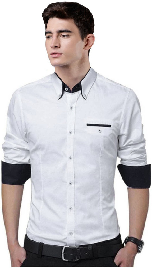 IndoPrimo Men Solid Party White Shirt 