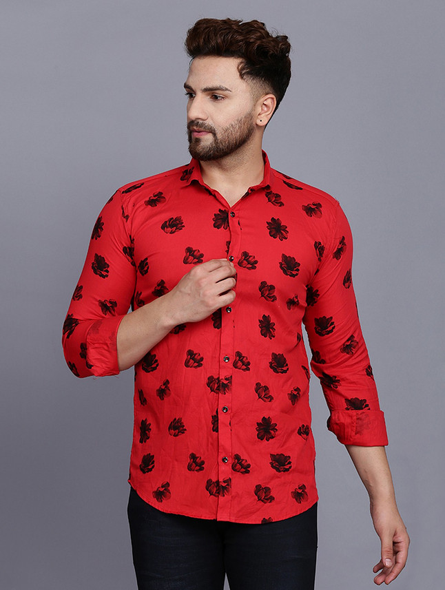 Men Floral Print Casual Red Shirt 