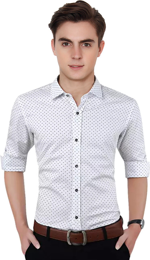 FASHLOOK Men Polka Print Formal White 