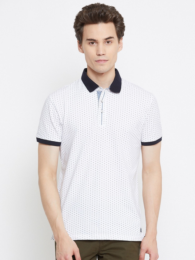 Octave Polka Print Men Polo Neck White 