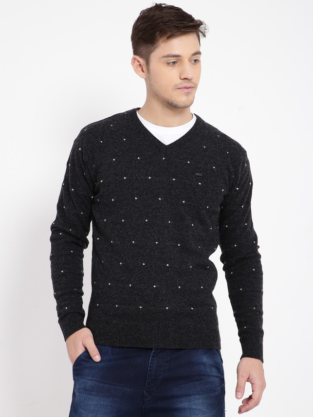 V Neck Casual Men Black Sweater 