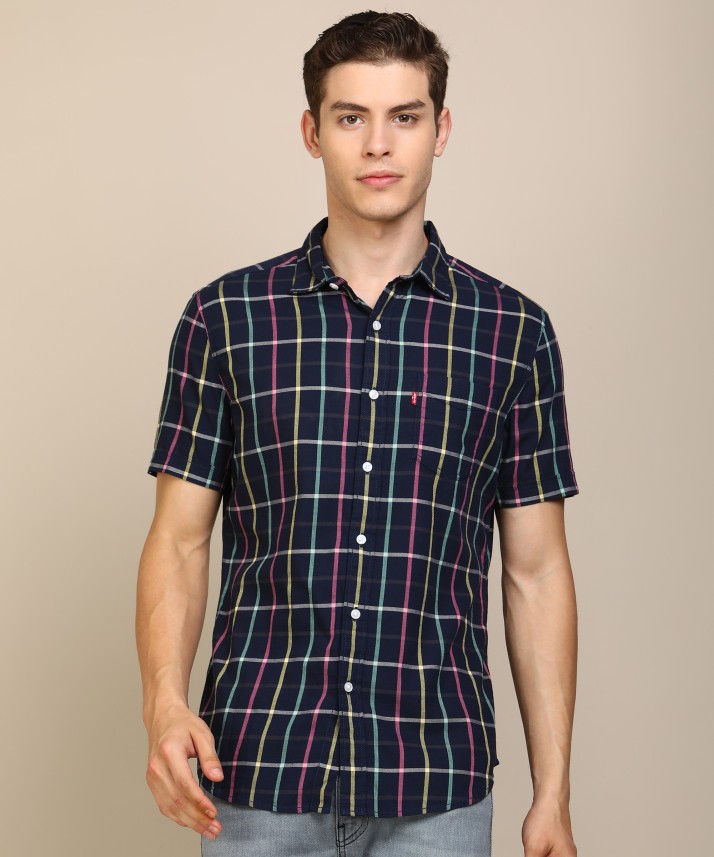 levi's men checkered casual blue shirt