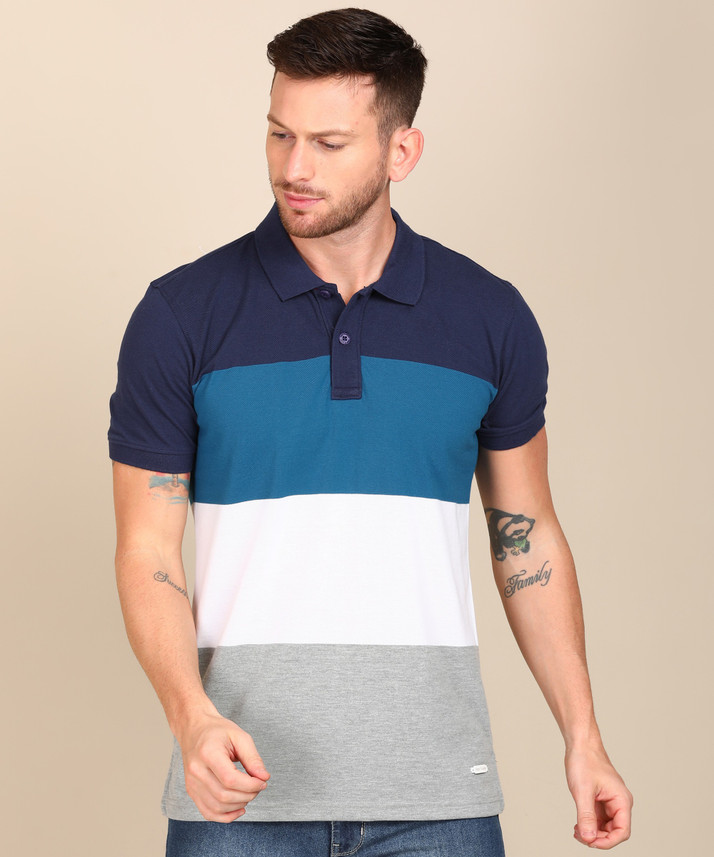 John Players Striped Men Polo Neck Blue 