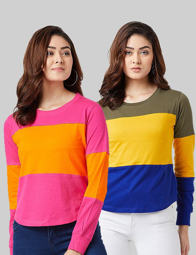 Color Block Women Round Neck Multicolor 